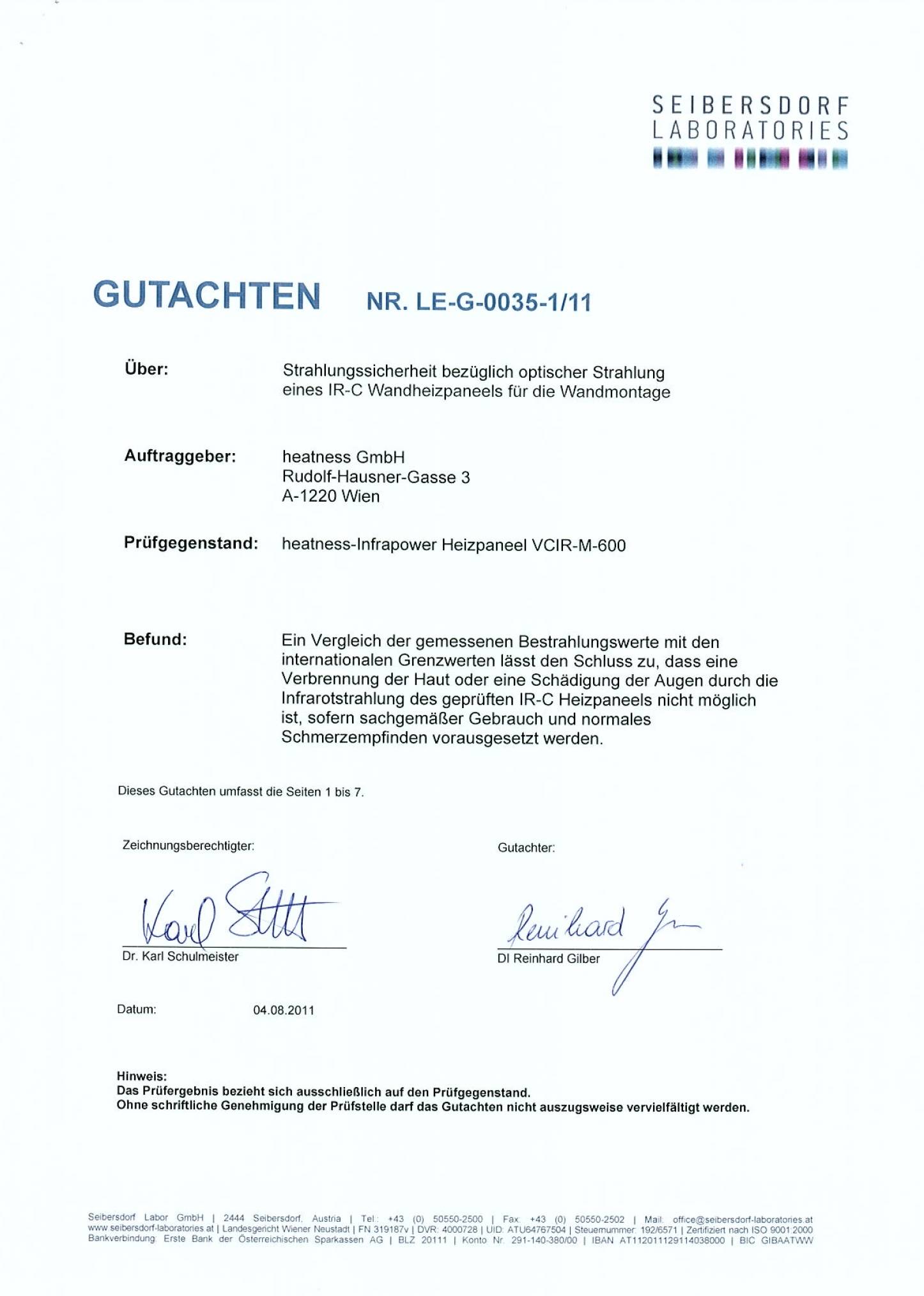 Seibersdorf Laboratories Gutachten zu heatness Infrarotheizung
